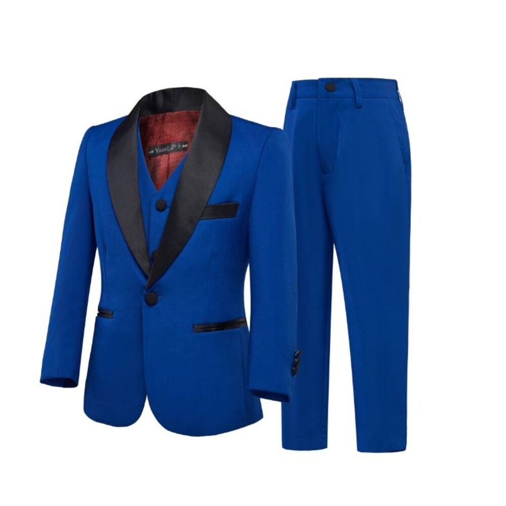 Boy Suit Tuxedo Formal Wedding 4 Piece Slim Fit Blue Vest Jacket Boys Suit Set 8